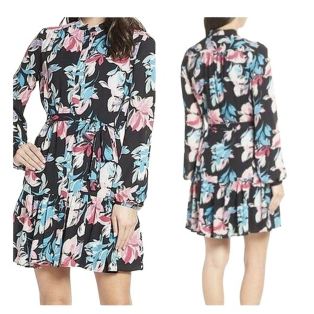 Charles Henry Multicolored Floral Front Button‎ Long Sleeve Ruffled Dress Small